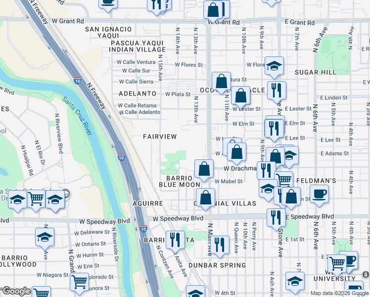 map of restaurants, bars, coffee shops, grocery stores, and more near 1601 North Oracle Road in Tucson