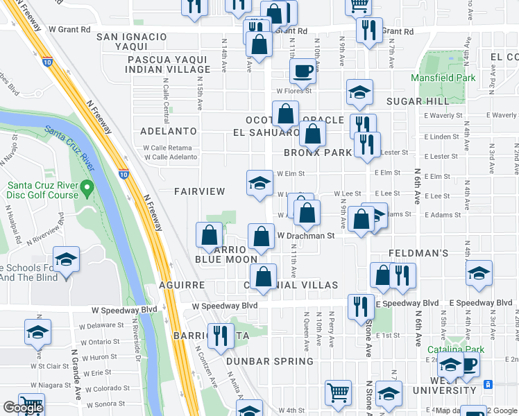 map of restaurants, bars, coffee shops, grocery stores, and more near 1525 North Oracle Road in Tucson