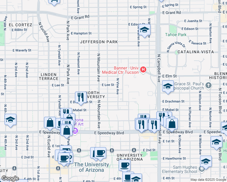 map of restaurants, bars, coffee shops, grocery stores, and more near 1425 East Adams Street in Tucson
