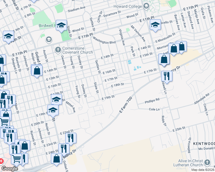 map of restaurants, bars, coffee shops, grocery stores, and more near 1203 East 18th Street in Big Spring