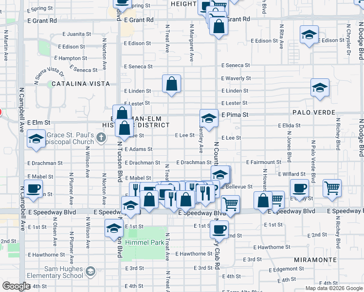 map of restaurants, bars, coffee shops, grocery stores, and more near 2901 East Adams Street in Tucson