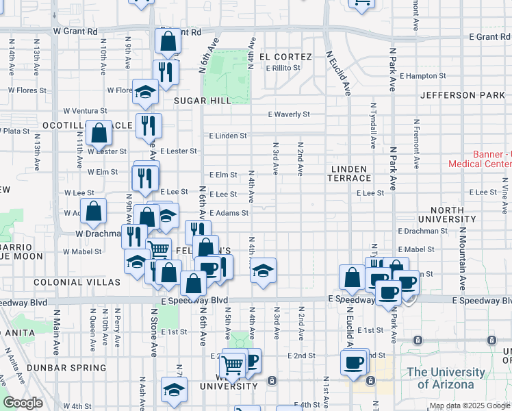 map of restaurants, bars, coffee shops, grocery stores, and more near 1530 North 4th Avenue in Tucson