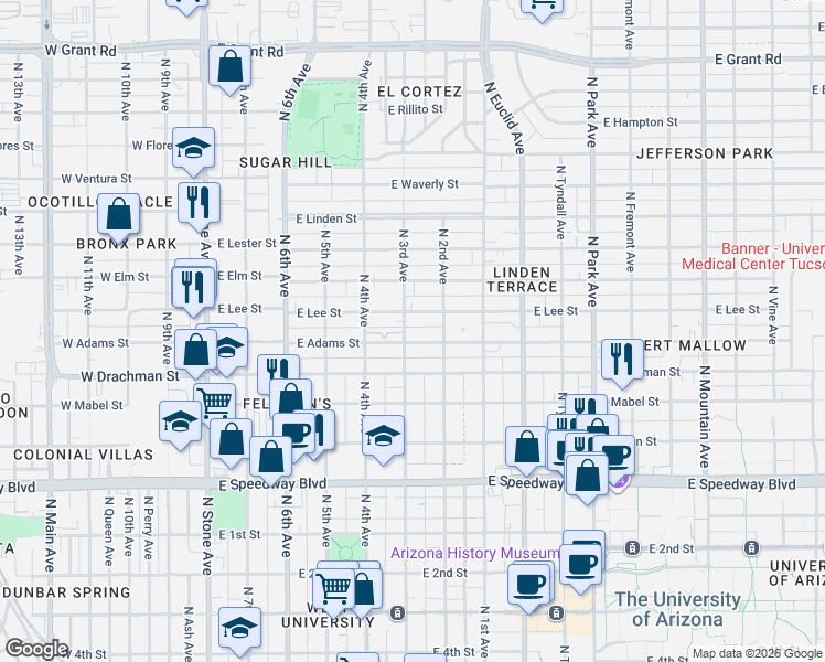 map of restaurants, bars, coffee shops, grocery stores, and more near 1512 North 3rd Avenue in Tucson