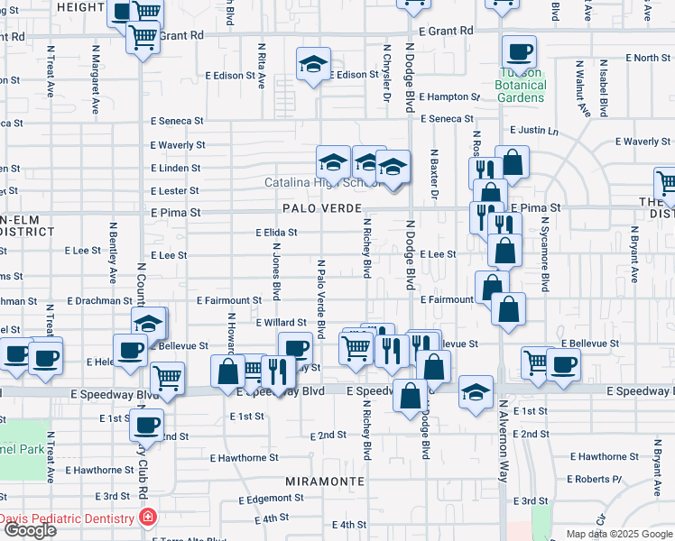 map of restaurants, bars, coffee shops, grocery stores, and more near 3519 East Camden Street in Tucson