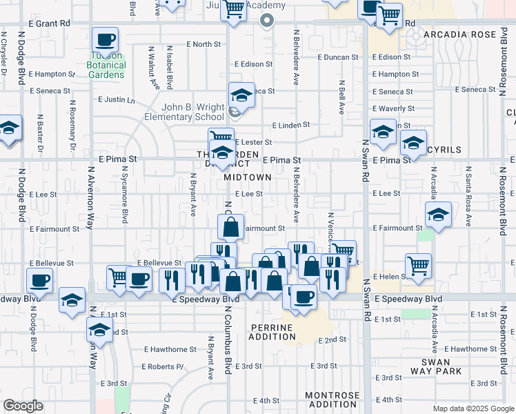 map of restaurants, bars, coffee shops, grocery stores, and more near 1521 North Catalina Avenue in Tucson