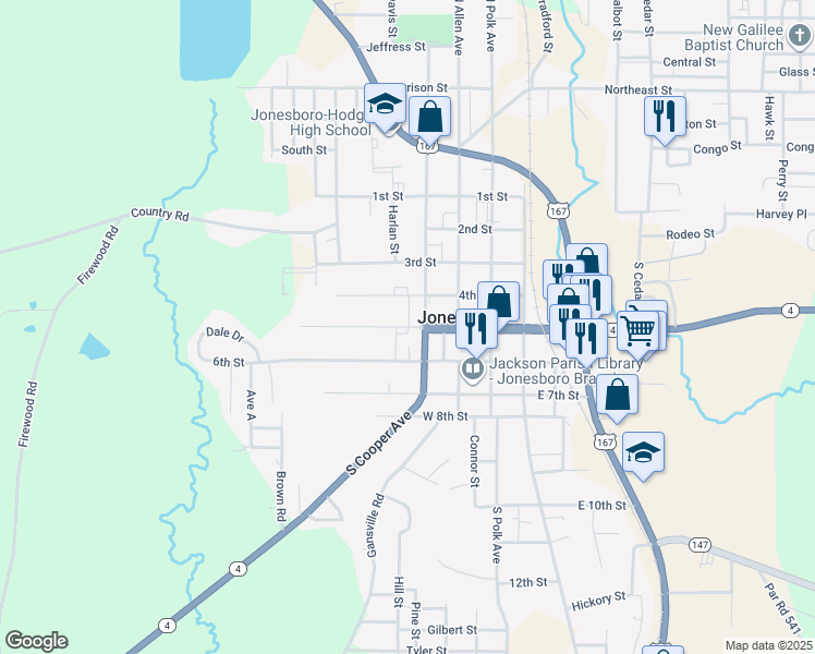 map of restaurants, bars, coffee shops, grocery stores, and more near 506 5th Street in Jonesboro
