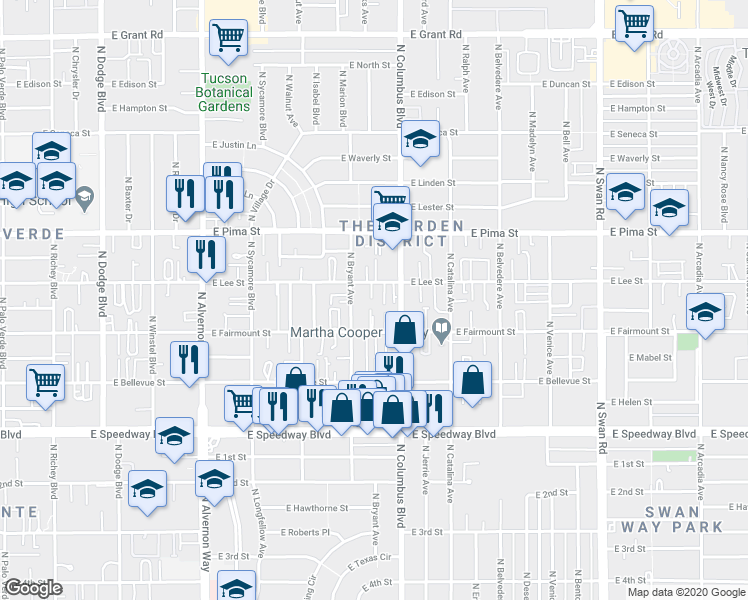map of restaurants, bars, coffee shops, grocery stores, and more near 1512 North Bryant Avenue in Tucson