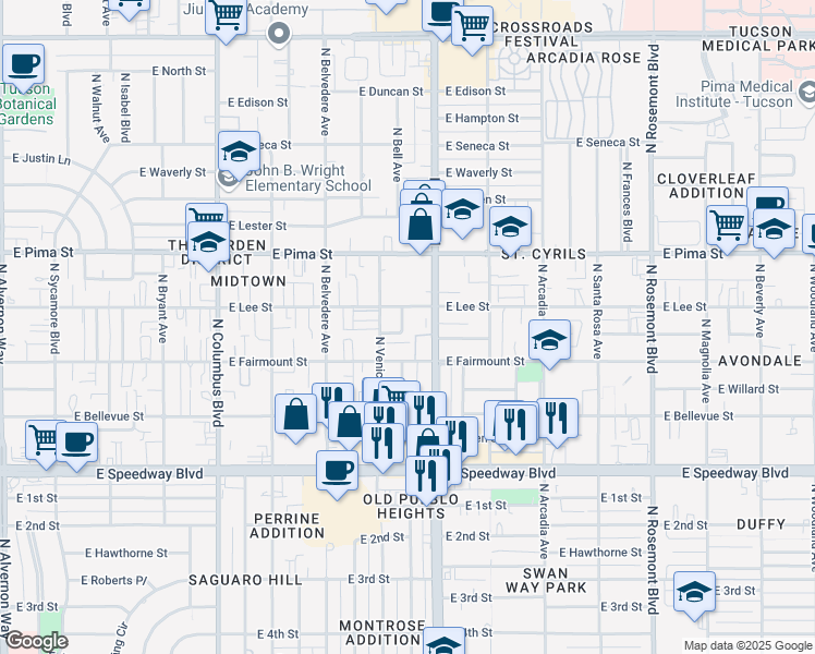map of restaurants, bars, coffee shops, grocery stores, and more near 1510 North Benton Place in Tucson
