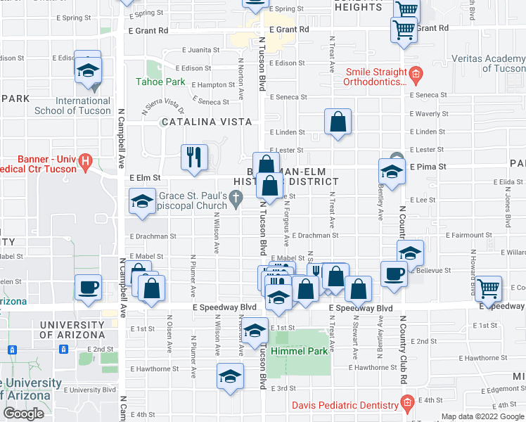 map of restaurants, bars, coffee shops, grocery stores, and more near 1525 N Tucson Blvd in Tucson