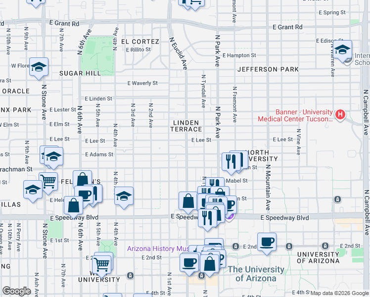 map of restaurants, bars, coffee shops, grocery stores, and more near 1525 North Euclid Avenue in Tucson