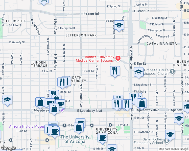 map of restaurants, bars, coffee shops, grocery stores, and more near 1425 East Adams Street in Tucson