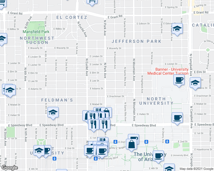 map of restaurants, bars, coffee shops, grocery stores, and more near 1520 North Park Avenue in Tucson