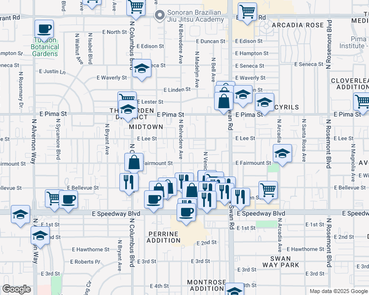 map of restaurants, bars, coffee shops, grocery stores, and more near 1510 North Belvedere Avenue in Tucson