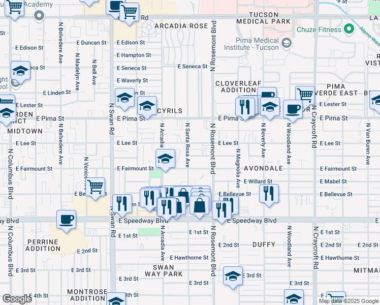 map of restaurants, bars, coffee shops, grocery stores, and more near 5003 E Adams St in Tucson