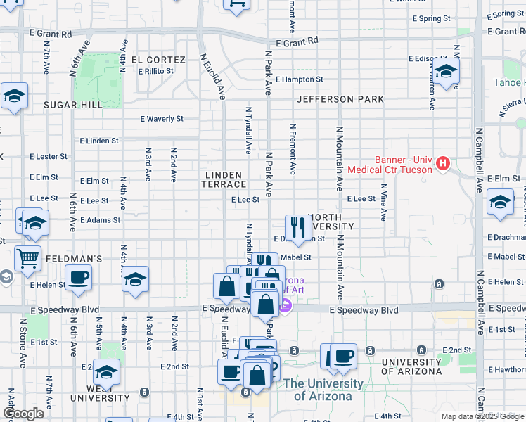 map of restaurants, bars, coffee shops, grocery stores, and more near 1521 North Park Avenue in Tucson