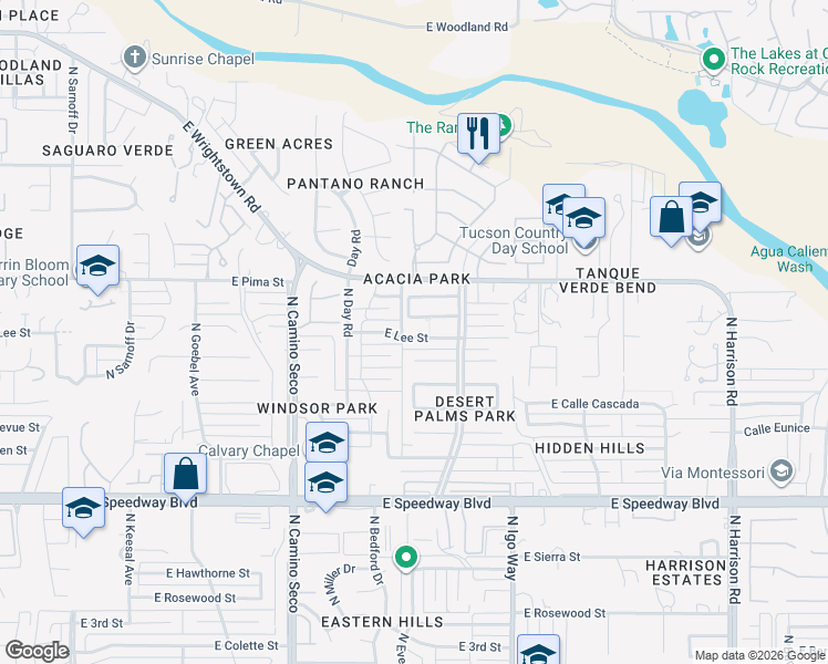 map of restaurants, bars, coffee shops, grocery stores, and more near 8921 East Lee Street in Tucson