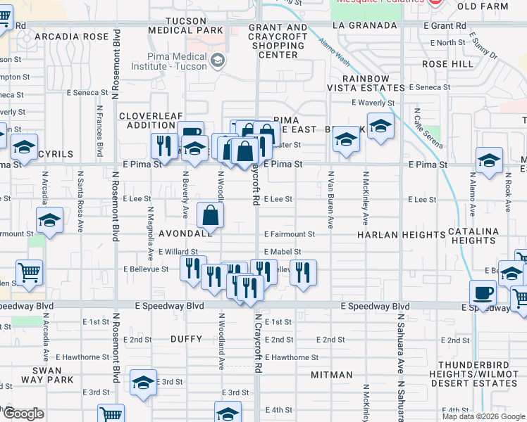 map of restaurants, bars, coffee shops, grocery stores, and more near 1502 North Craycroft Road in Tucson