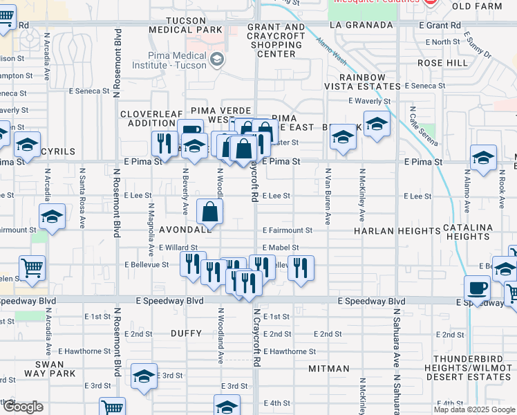 map of restaurants, bars, coffee shops, grocery stores, and more near 1502 North Craycroft Road in Tucson