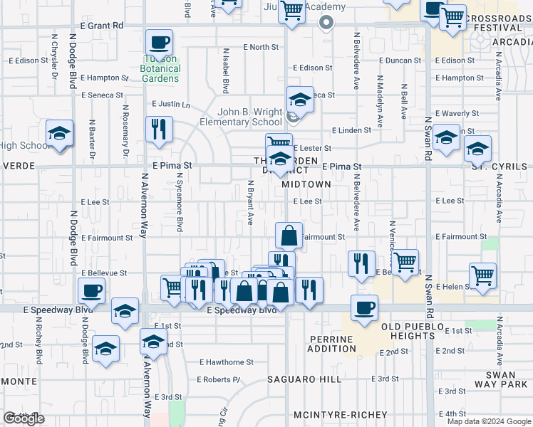 map of restaurants, bars, coffee shops, grocery stores, and more near 1512 North Bryant Avenue in Tucson