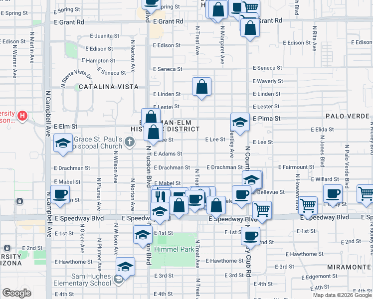 map of restaurants, bars, coffee shops, grocery stores, and more near 2621 East Adams Street in Tucson