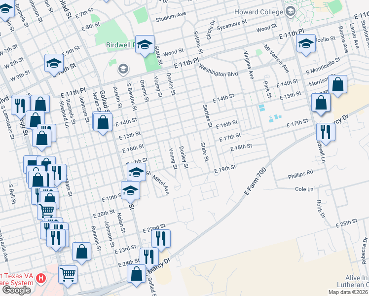 map of restaurants, bars, coffee shops, grocery stores, and more near 1611 Donley Street in Big Spring