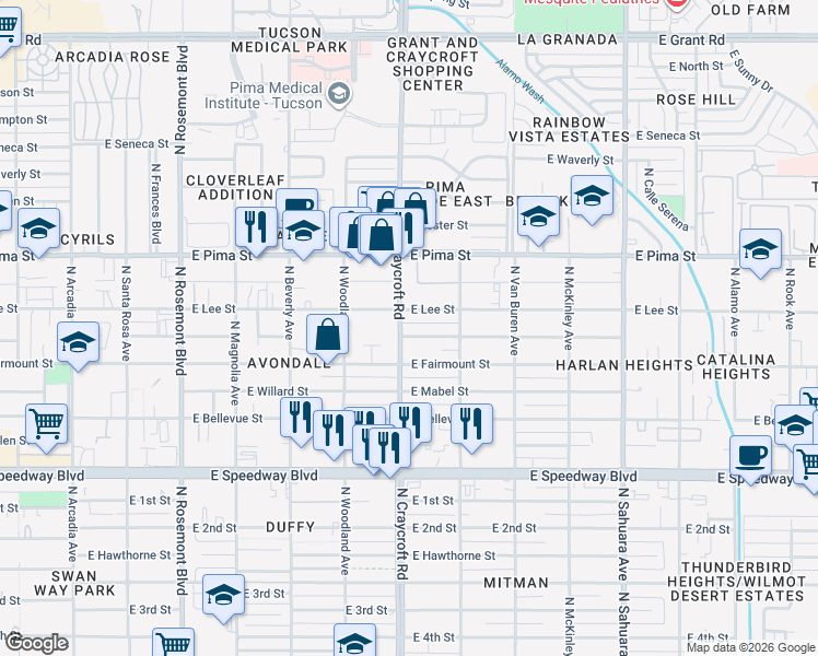 map of restaurants, bars, coffee shops, grocery stores, and more near 1502 North Craycroft Road in Tucson