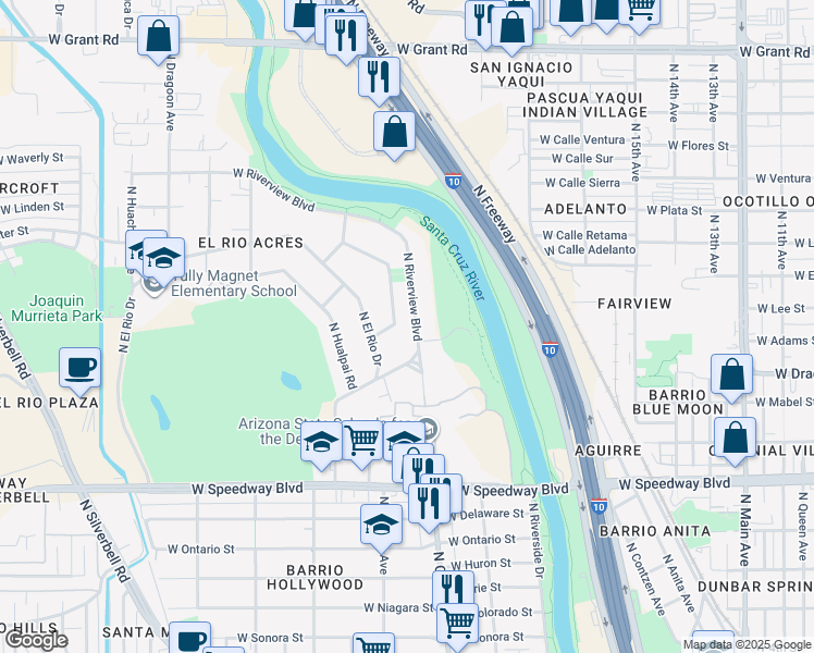 map of restaurants, bars, coffee shops, grocery stores, and more near 1409 North Riverview Boulevard in Tucson