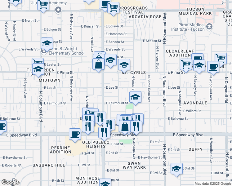 map of restaurants, bars, coffee shops, grocery stores, and more near 1507 North Mountain View Avenue in Tucson