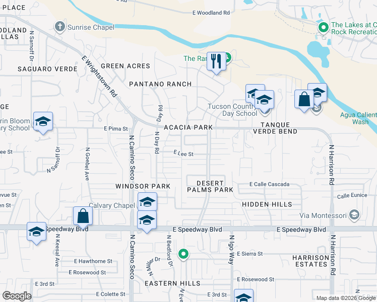 map of restaurants, bars, coffee shops, grocery stores, and more near 8921 East Lee Street in Tucson