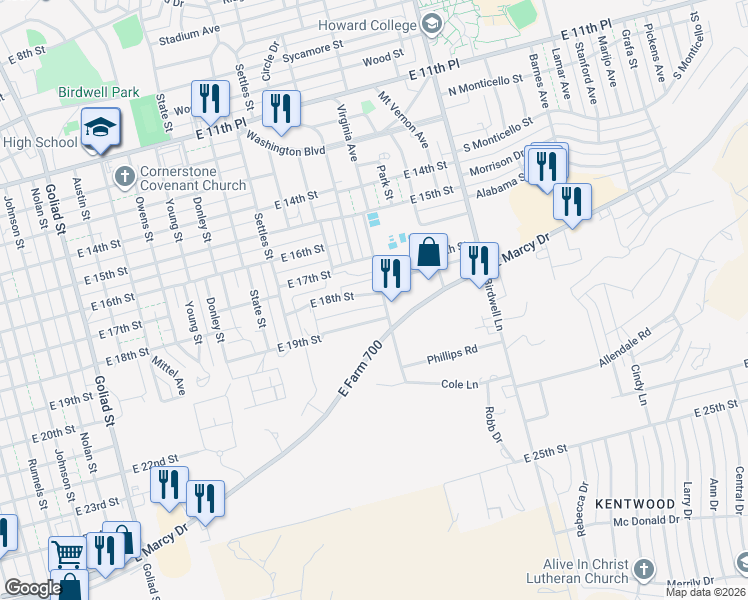 map of restaurants, bars, coffee shops, grocery stores, and more near 1300-1598 East 18th Street in Big Spring