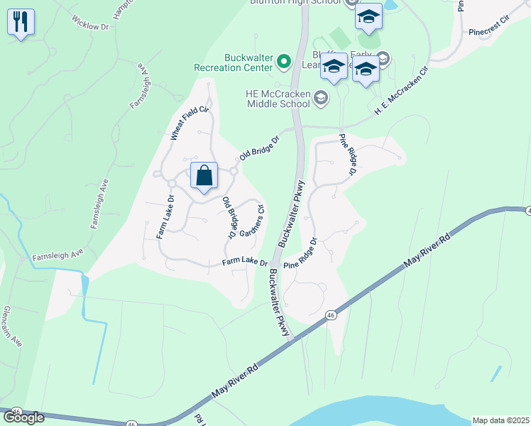 map of restaurants, bars, coffee shops, grocery stores, and more near 401 Gardners Circle in Bluffton