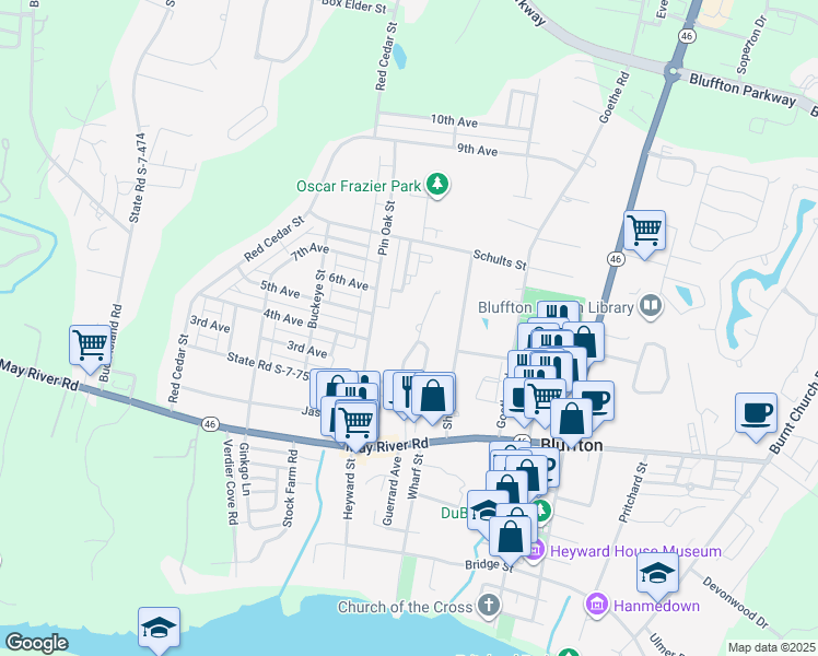 map of restaurants, bars, coffee shops, grocery stores, and more near 41 Brendan Lane in Bluffton