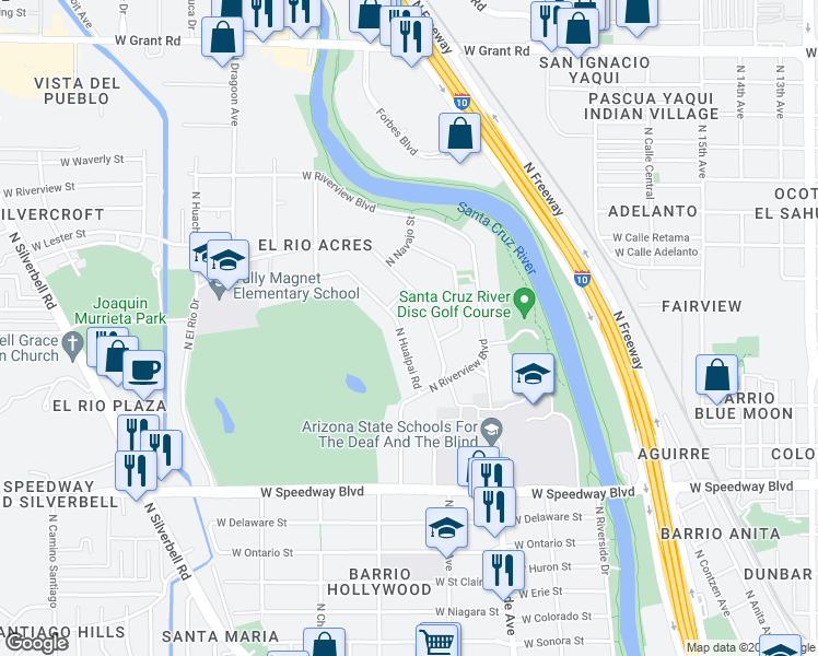 map of restaurants, bars, coffee shops, grocery stores, and more near 1518 North Hualpai Road in Tucson