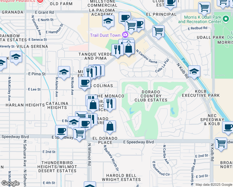 map of restaurants, bars, coffee shops, grocery stores, and more near 1620 North Wilmot Road in Tucson