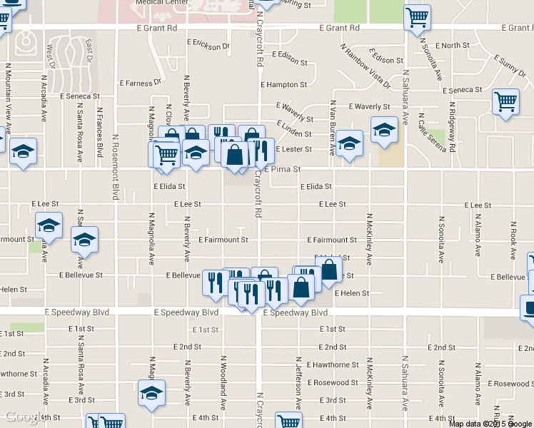 map of restaurants, bars, coffee shops, grocery stores, and more near 1502 North Craycroft Road in Tucson
