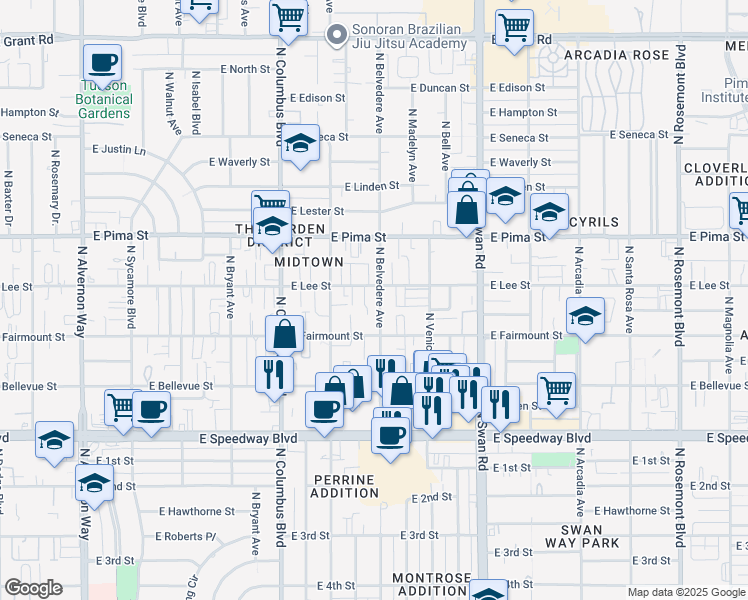 map of restaurants, bars, coffee shops, grocery stores, and more near 1510 North Belvedere Avenue in Tucson