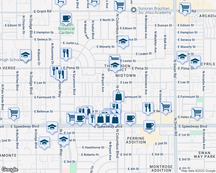 map of restaurants, bars, coffee shops, grocery stores, and more near 1512 North Bryant Avenue in Tucson