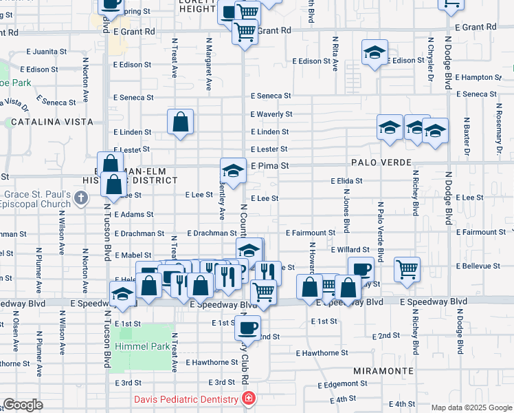 map of restaurants, bars, coffee shops, grocery stores, and more near 1550 North Country Club Road in Tucson