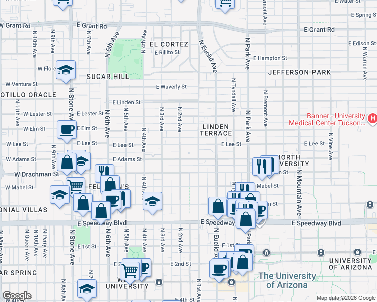 map of restaurants, bars, coffee shops, grocery stores, and more near 1505 North 2nd Avenue in Tucson