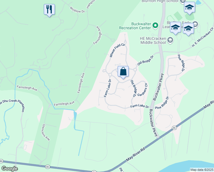 map of restaurants, bars, coffee shops, grocery stores, and more near 695 Farm Lake Drive in Bluffton