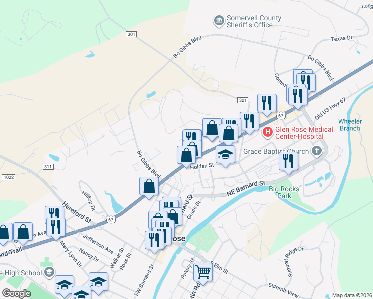 map of restaurants, bars, coffee shops, grocery stores, and more near in Glen Rose