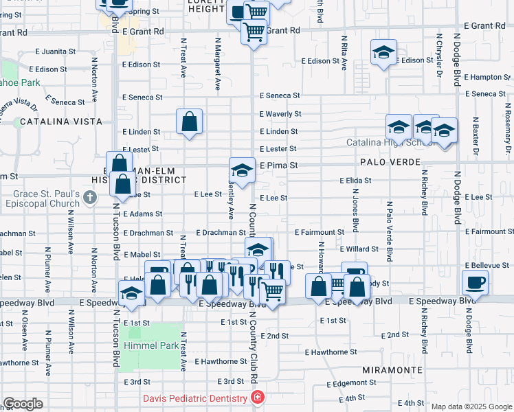 map of restaurants, bars, coffee shops, grocery stores, and more near 1550 North Country Club Road in Tucson