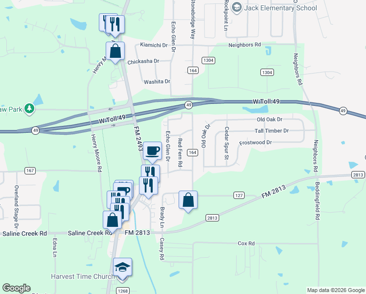 map of restaurants, bars, coffee shops, grocery stores, and more near 16470 County Road 164 in Tyler