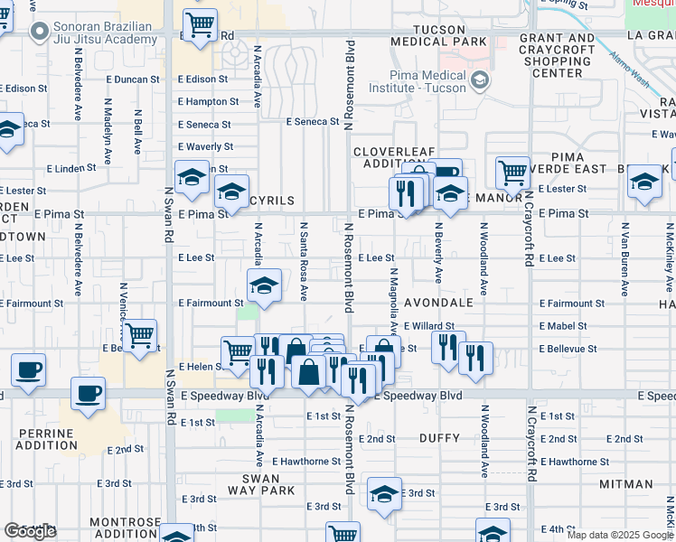 map of restaurants, bars, coffee shops, grocery stores, and more near 1515 North Rosemont Boulevard in Tucson