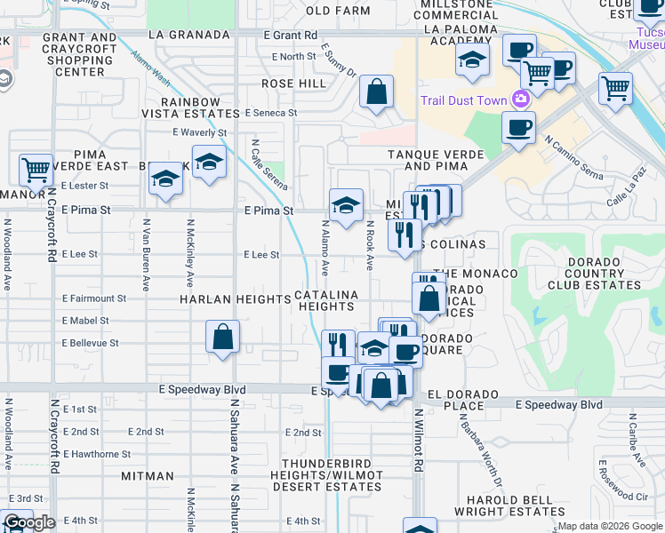 map of restaurants, bars, coffee shops, grocery stores, and more near 1508 North Alamo Avenue in Tucson