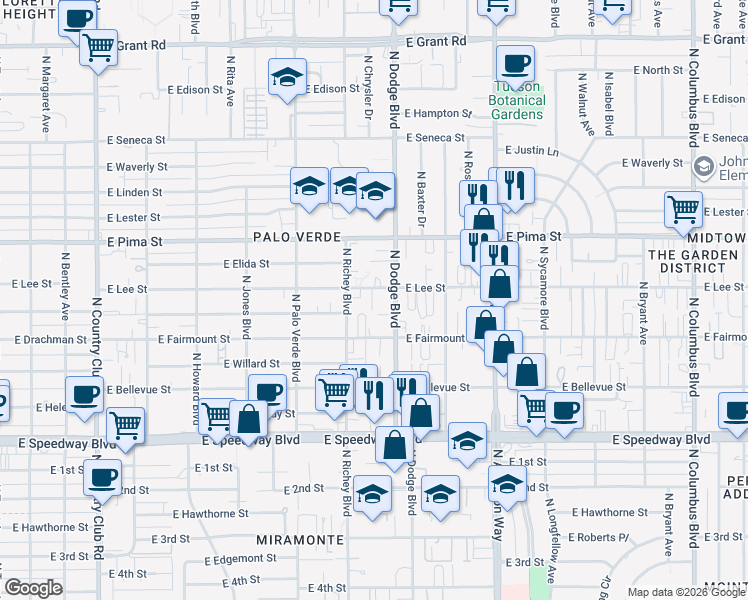 map of restaurants, bars, coffee shops, grocery stores, and more near 3632 East Lee Street in Tucson