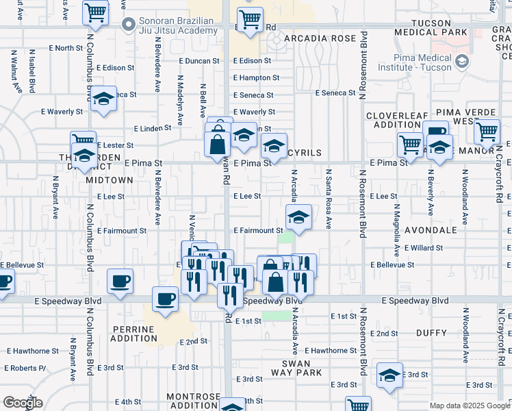map of restaurants, bars, coffee shops, grocery stores, and more near 1507 North Mountain View Avenue in Tucson