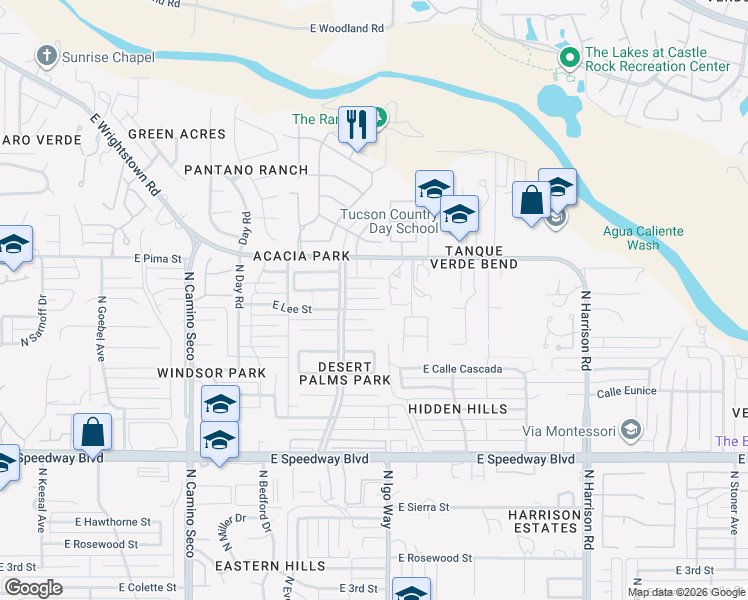 map of restaurants, bars, coffee shops, grocery stores, and more near 9035 East Lee Street in Tucson
