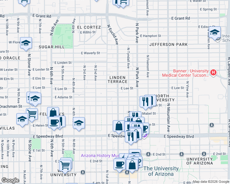 map of restaurants, bars, coffee shops, grocery stores, and more near in Tucson