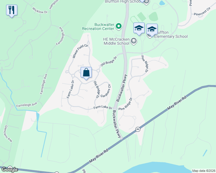 map of restaurants, bars, coffee shops, grocery stores, and more near 390 Gardners Circle in Bluffton